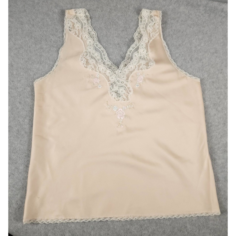Sara Beth Womens Medium Cream Lace Trim Satin Camisole Top Floral Embroidered...